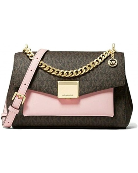 Kabelka MICHAEL KORS Lita Medium Two-Tone Logo and Kožená Crossbody (Powder Blush/Brown)