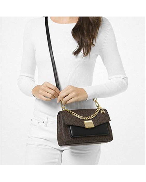 Kabelka MICHAEL KORS Lita Medium Two-Tone Logo Crossbody (brown signature black solid)