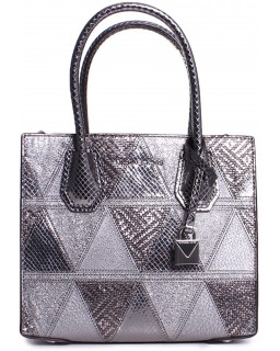 Kabelka Michael KORS MERCER medium messenger - metallic crackle Kožená, Light Pewter Silver