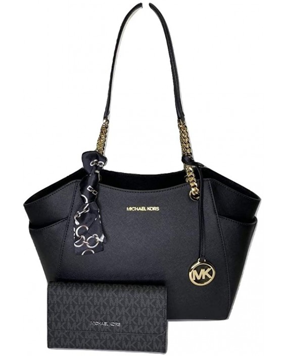 Michael Kors Jet Set Travel Large Chain Tote bundled with Michael Kors Jet Set Travel Trifold (Black/Signature MK Black)