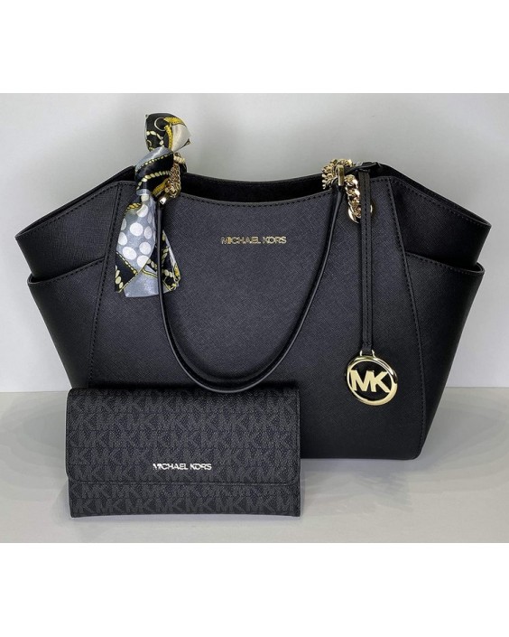 Michael Kors Jet Set Travel Large Chain Tote bundled with Michael Kors Jet Set Travel Trifold (Black/Signature MK Black)