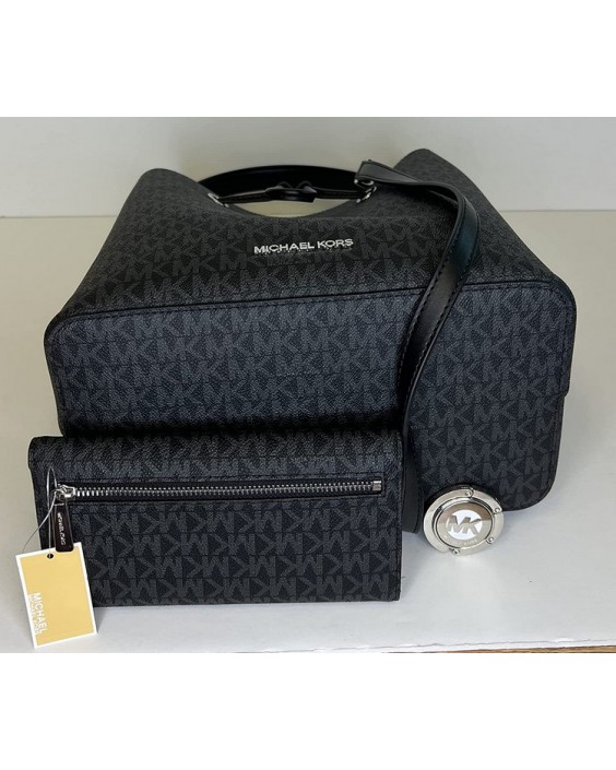 Michael Kors Suri Large Bucket bundled with Michael Kors Jet Set Travel Large Trifold (Signature MK Black)