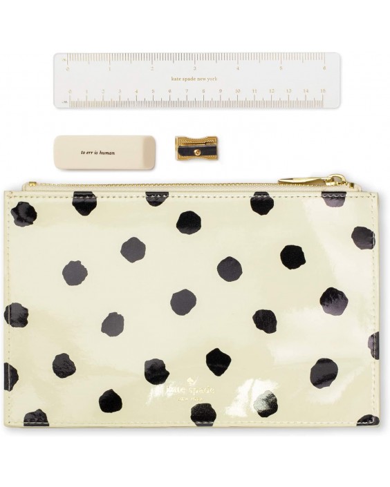 Kabelka Kate Spade New York Black/White Pencil Pouch with Ruler, Eraser, & Sharpener, Koženáette Travel Zipper Pouch/Clutch, Spotty Dot