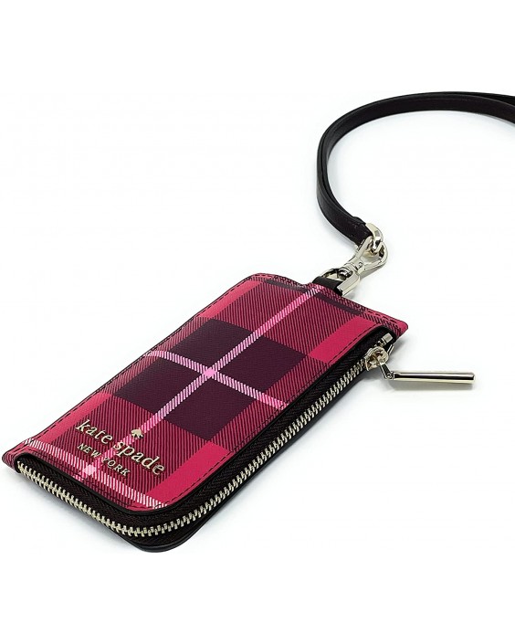 Kate Spade Staci Classic Plaid Print Lanyard ID (Bright Rose Multi)