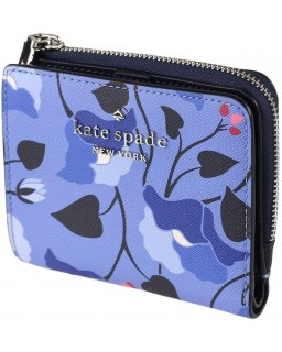 Kate Spade New York Staci Small L-Zip Bifold, Blue Multi-Color Nouveau Bloom Pattern