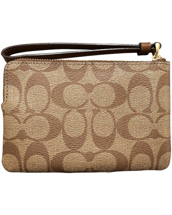 Kabelka COACH SIGNATURE PVC Kožená CORNER ZIP WRISTLET, Medium, Khaki/Saddle