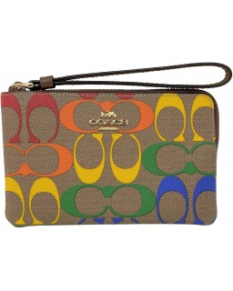 Kabelka Coach Corner Zip Wristlet In Rainbow Signature Coated Canvas Style No. C9943